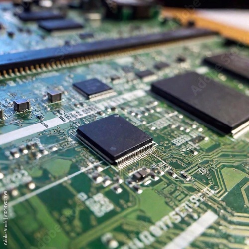 A rack focus close-up of a digital circuit board with intricate details in sharp focus, at eye level, while the background of the tech lab blurs softly, showcasing the complexity and innovation in