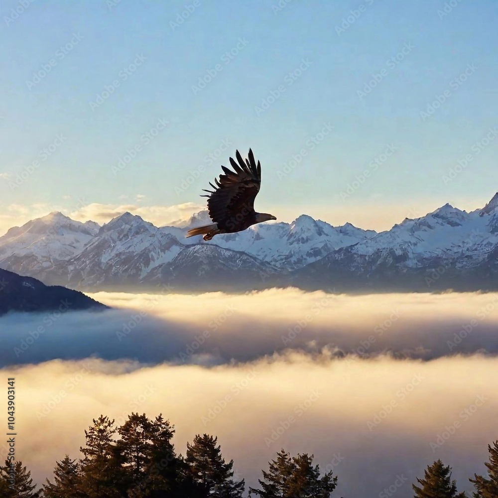 Obraz premium An eagle flying at dawn with fog-covered mountains in the background