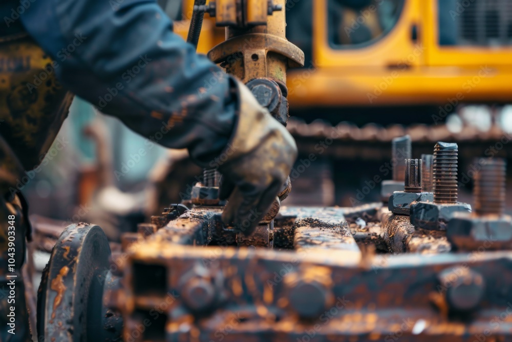 Close up of worker maintaining heavy machinery in construction site Close up of worker maintaining heavy machinery in construction site