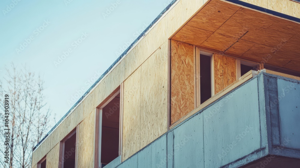 Modern House Construction: Close-up view of a modern house under construction, showcasing the exposed plywood and metal balcony against a clear blue sky. Modern House Construction: Close-up view of a modern house under construction, showcasing the exposed plywood and metal balcony against a clear blue sky.