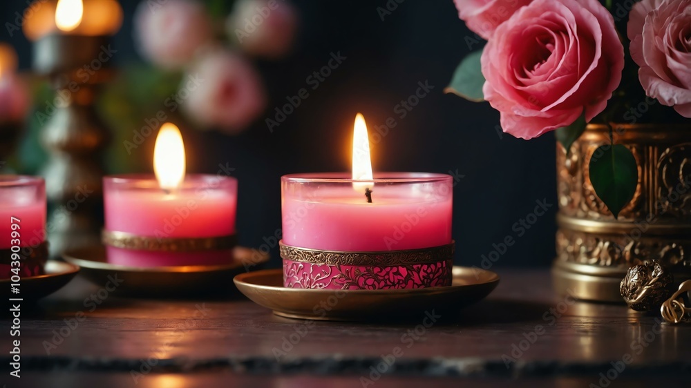 Aesthetic preparation of decorative pink candle on a funeral themed background. Aesthetic preparation of decorative pink candle on a funeral themed background.