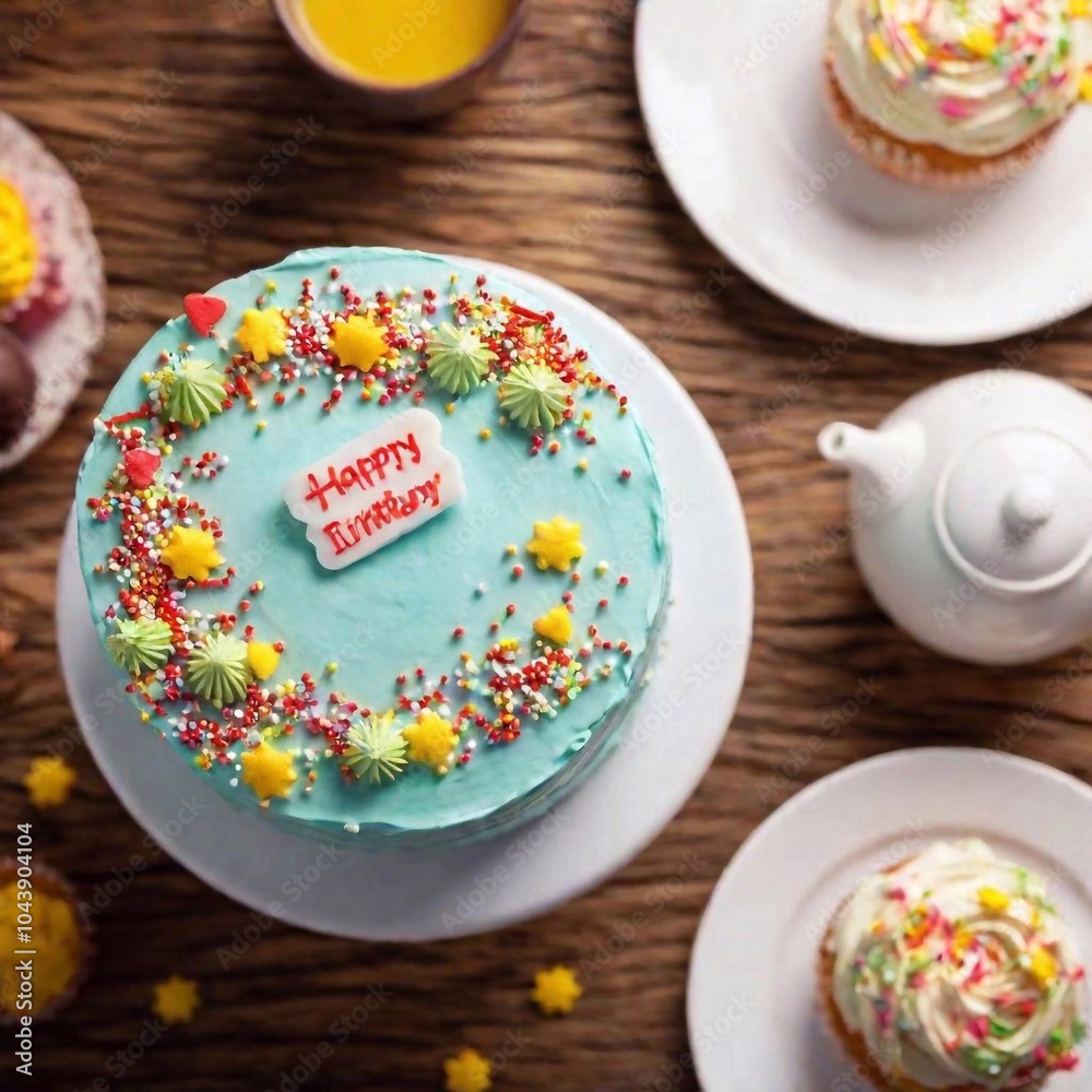 A top-down view of a beautifully decorated birthday cake with vibrant frosting and sprinkles, with the cake in sharp focus and the surrounding table and decorations softly blurred A top-down view of a beautifully decorated birthday cake with vibrant frosting and sprinkles, with the cake in sharp focus and the surrounding table and decorations softly blurred