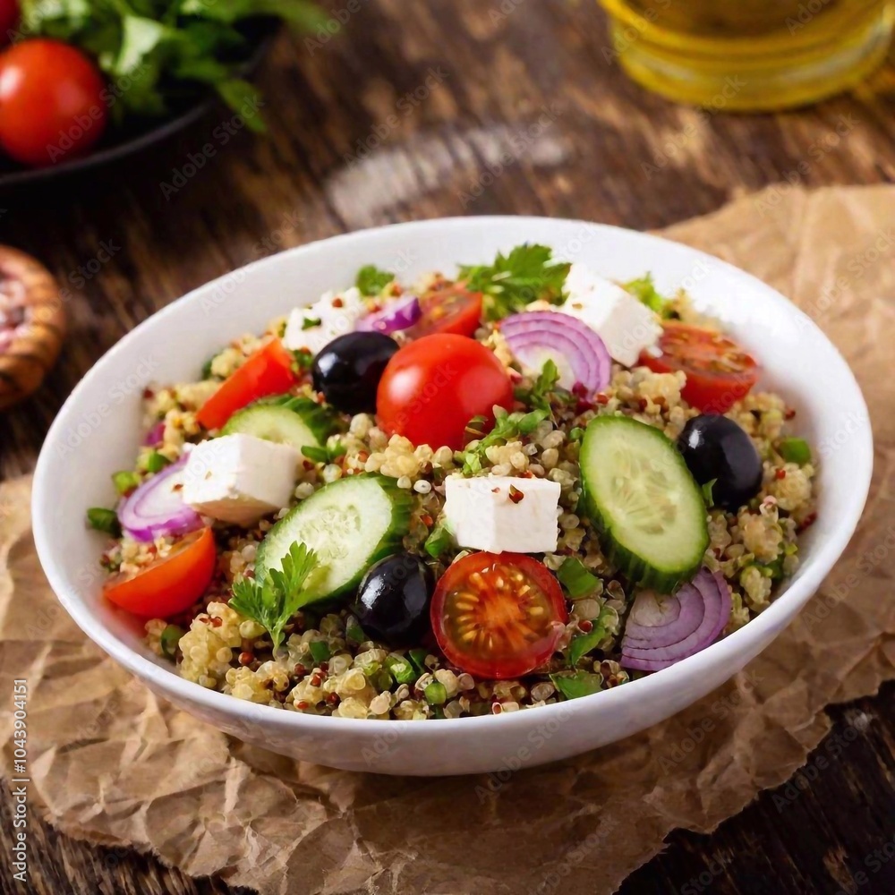Mediterranean Quinoa Salad: A vibrant photo of a Mediterranean quinoa salad, featuring colorful cherry tomatoes, cucumbers, red onion, olives, and feta cheese, drizzled with a lemon-olive oil Mediterranean Quinoa Salad: A vibrant photo of a Mediterranean quinoa salad, featuring colorful cherry tomatoes, cucumbers, red onion, olives, and feta cheese, drizzled with a lemon-olive oil