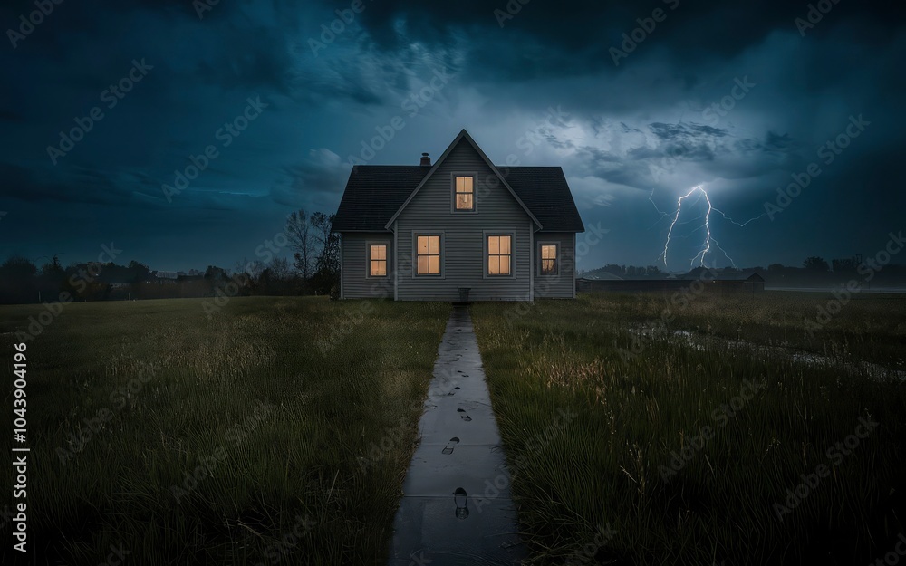 a house with a dark roof and a dark house with a lightning bolt in the sky. a house with a dark roof and a dark house with a lightning bolt in the sky.