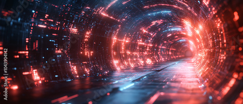 Futuristic Neon Tunnel with Red and Blue Lights, Abstract Technology Background