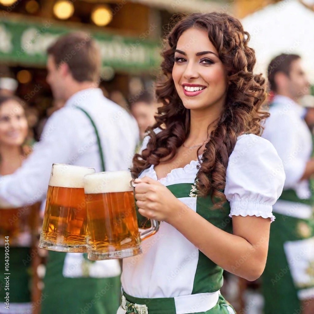 A close-up portrait of a Munich Oktoberfest waitress carrying multiple large beer stein with ease. The focus is on the traditional attire, the overflowing beer, and the bustling environment of the