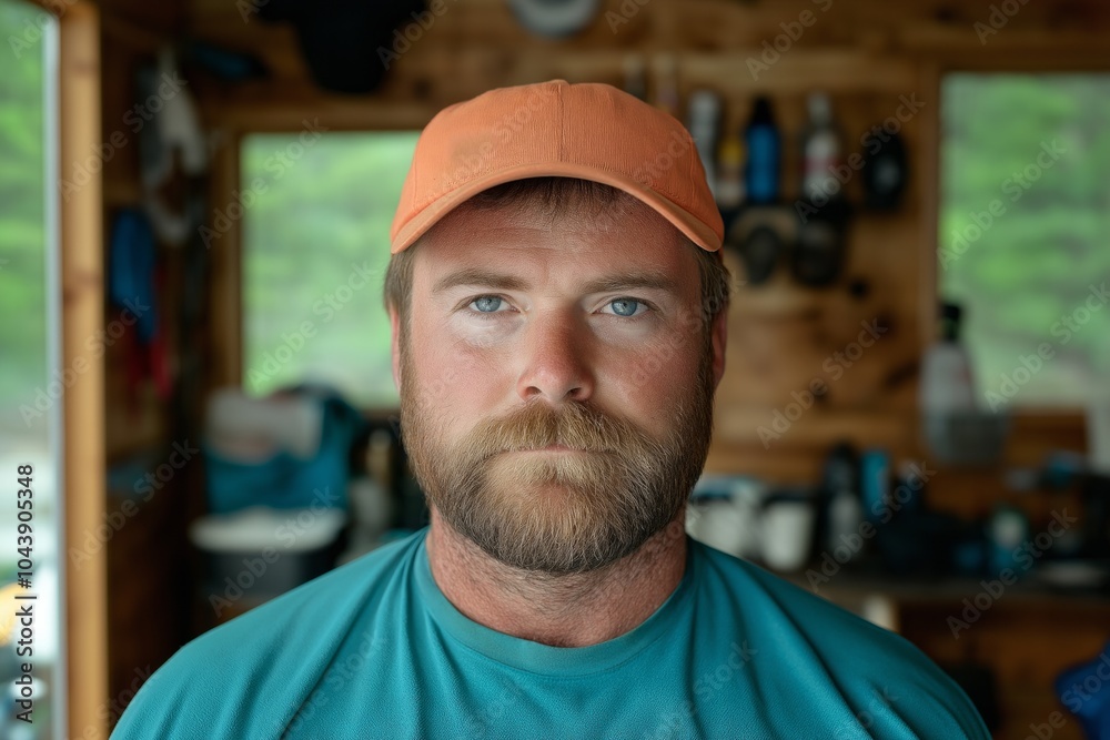 A bearded man in a cap poses indoors with focused expression amidst a rustic wooden backdrop A bearded man in a cap poses indoors with focused expression amidst a rustic wooden backdrop