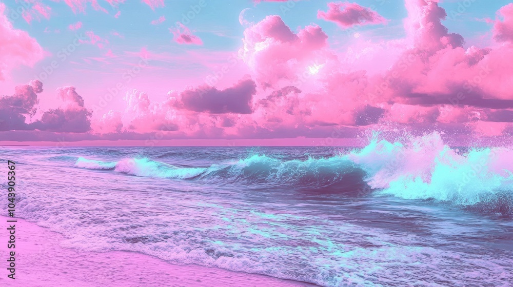 Fototapeta premium Pink Sky, Blue Waves, and a Beach Sunset