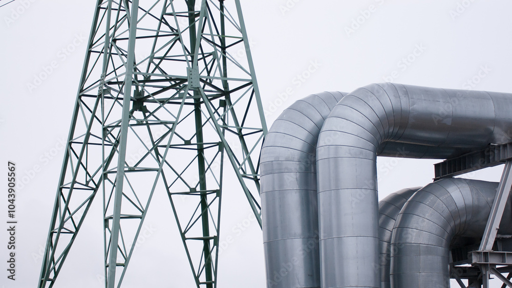 The photo shows a pipeline and a power line close-up against a gray sky ...