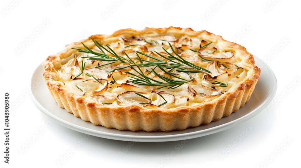 Savory rosemary and onion tart on white plate