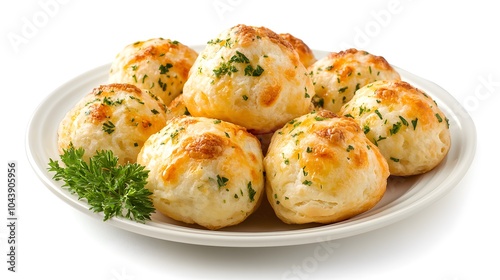 Delicious cheesy garlic bread rolls on white plate with parsley garnish