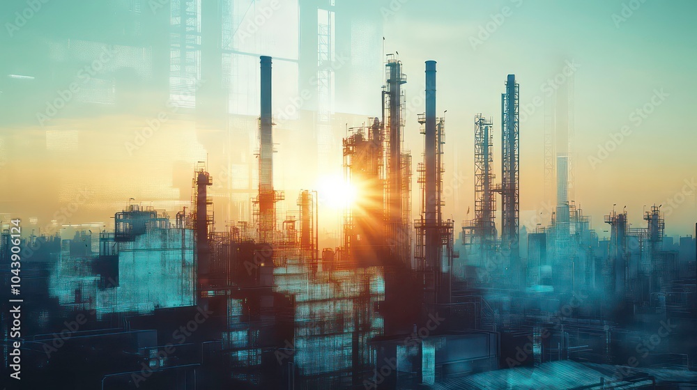 Fototapeta premium A silhouette of an industrial complex with tall smokestacks, set against a vibrant sunset.