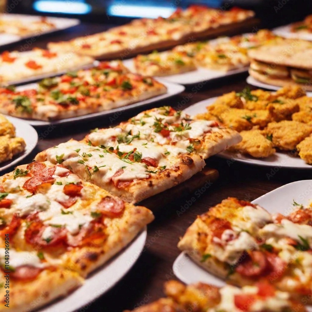 an extreme long shot of a colorful junk food buffet. Capture the extensive array of items including pizza, fried chicken, nachos, and candy, with a wide view showcasing the variety and abundance of an extreme long shot of a colorful junk food buffet. Capture the extensive array of items including pizza, fried chicken, nachos, and candy, with a wide view showcasing the variety and abundance of