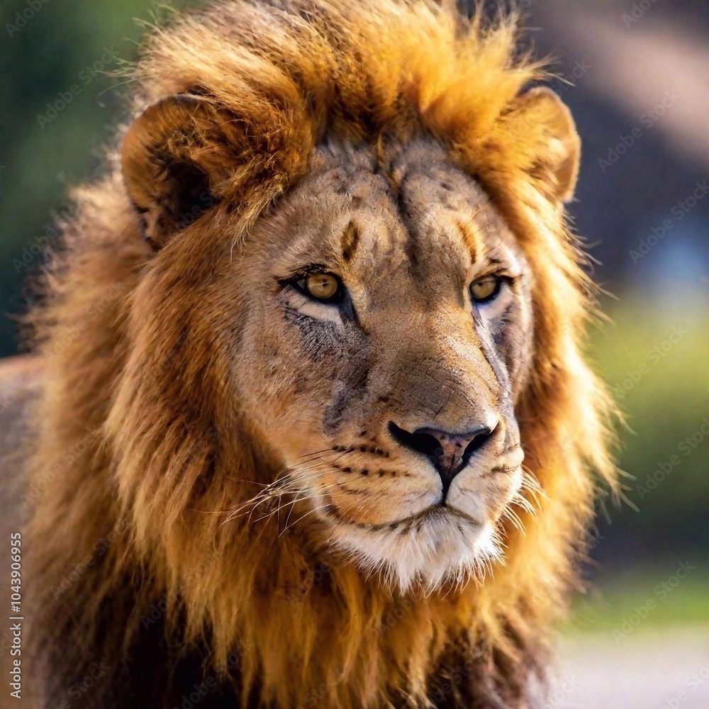 A close-up photo of a lion with sunlight catching its mane, deep focus on its calm expression and the golden light reflecting in its eyes, eye-level shot portraying a serene and majestic mood A close-up photo of a lion with sunlight catching its mane, deep focus on its calm expression and the golden light reflecting in its eyes, eye-level shot portraying a serene and majestic mood