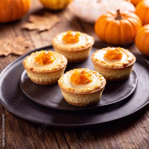 platter of mini pumpkin cheesecakes, with one cheesecake in sharp focus and the others softly fading into the background, highlighting the creamy texture and festive presentation. Pumpkins on