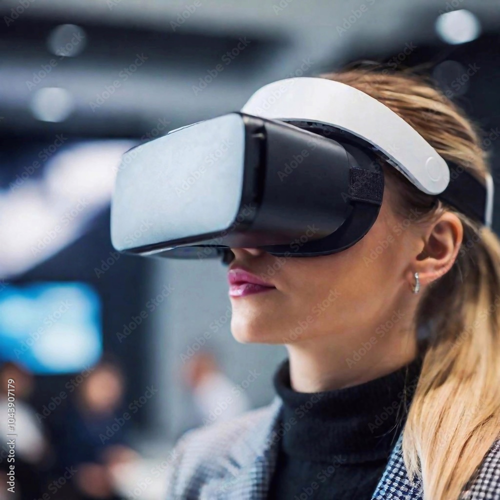 extreme close-up, rack focus shot of a woman in virtual reality headset in sharp focus at eye level, with the blurred background of a tech conference, emphasizing the immersive experience and extreme close-up, rack focus shot of a woman in virtual reality headset in sharp focus at eye level, with the blurred background of a tech conference, emphasizing the immersive experience and