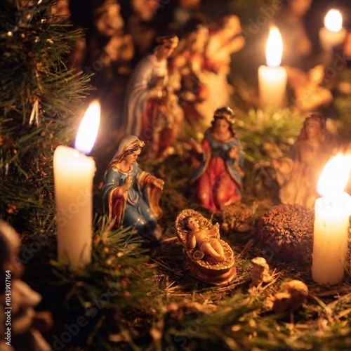 A split diopter flatlay of a Polish Christmas Eve nativity scene, showing a detailed close-up of the nativity figures and an encompassing view of the surrounding religious decorations and candles