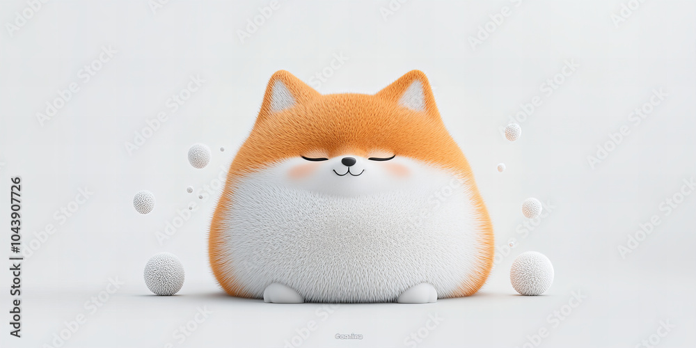 Banner of Adorable Fluffy Orange Cat with Calm Expression Surrounded by Soft White Balls on Minimalist Background
