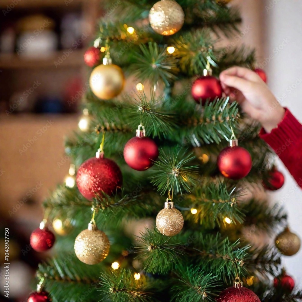 Obraz premium Christmas house a close-up of a child hand placing an ornament on the Christmas tree, deep focus showing the ornament, the tree, and the room festive decorations, eye level shot, photo style