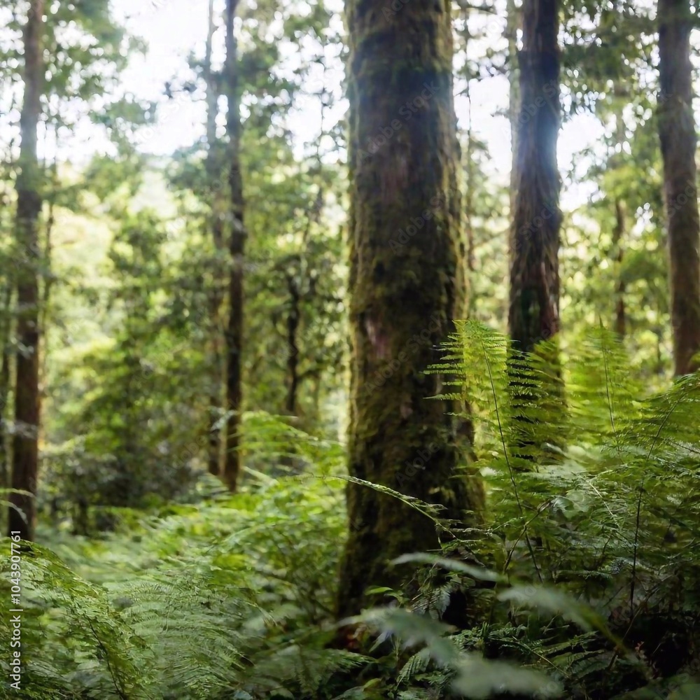 A full shot eye-level photo of rain forest scenery, with soft focus capturing the dense greenery, towering trees, and lush undergrowth of the tropical rainforest.