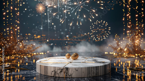 A luxurious marble podium adorned with golden streamers, vibrant fireworks in the night sky, and shimmering New Year decorations with a glowing cityscape behind. photo