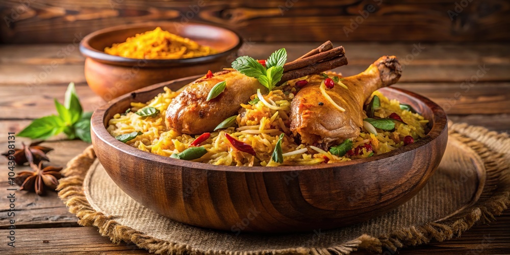 Savory chicken biryani on a wooden table Savory chicken biryani on a wooden table