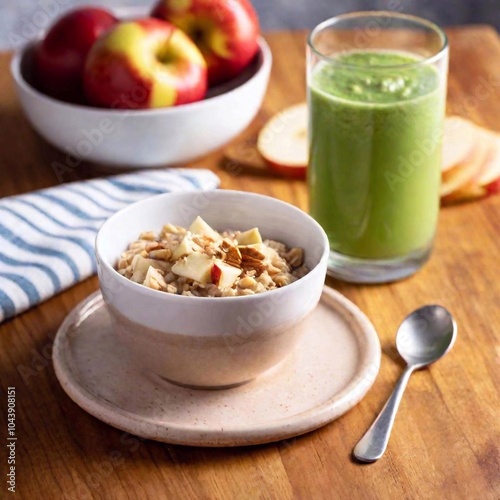 A balanced breakfast spread featuring overnight oats with almond butter, sliced apples, and a side of mixed nuts, served with a glass of green smoothie