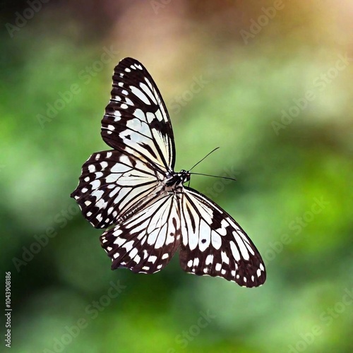 A close-up photo of a butterfly in flight, wings slightly blurred to convey motion, deep focus on its body and head, eye-level shot capturing its expressive eyes and unique patterns, giving a sense