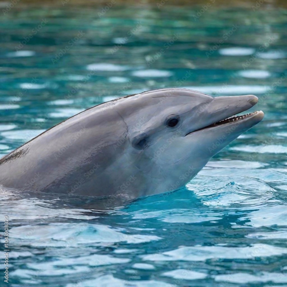 Fototapeta premium A medium shot, ultra-realistic photo of a dolphin's face and dorsal fin breaking the surface of the water, with deep focus highlighting the intricate details of its eye, skin texture, and the
