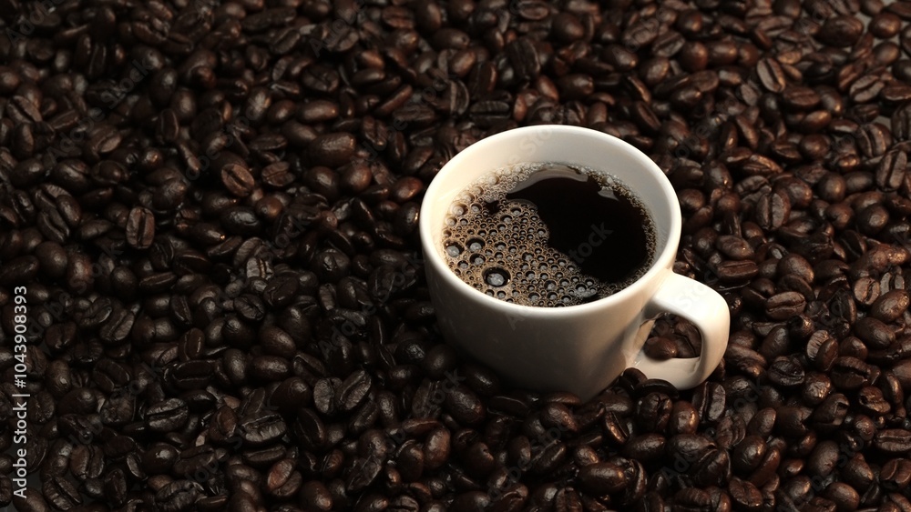 Fototapeta premium Top view of coffee or espresso with piles of coffee beans. Close up of fresh roasted coffee bean scatter around wooden table with cup of americano and aromatic stream and smoke from seed. Comestible.