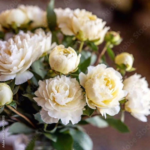 A close-up of a wedding bouquet composed of soft yellow peonies and eucalyptus, with the intricate textures and colors of the flowers beautifully displayed against a blurred background