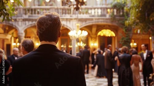 A man in a tailored tuxedo gazes out into the bustling courtyard of a gl mansion flanked by equally elegant guests at a high society . .