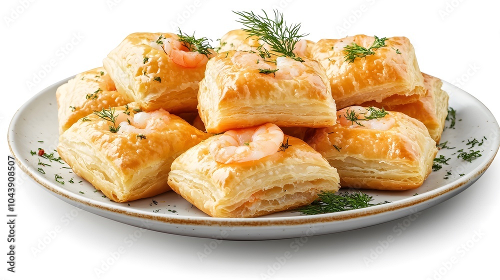 Savory shrimp puff pastries with dill on a plate Savory shrimp puff pastries with dill on a plate
