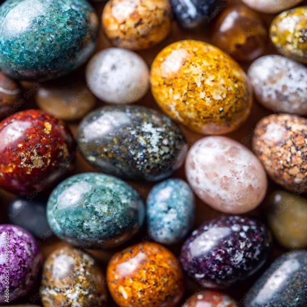 Nature's Palette: A macro flatlay photo of various types of polished stones, each displaying unique textures and colors, captured in soft focus to highlight their subtle differences and natural beauty Nature's Palette: A macro flatlay photo of various types of polished stones, each displaying unique textures and colors, captured in soft focus to highlight their subtle differences and natural beauty