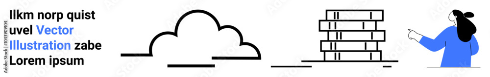 Cloud in the center, building blocks on the right, text on the left, person pointing right. Ideal for technology, education, design, architecture, presentations. Banner for landing page Cloud in the center, building blocks on the right, text on the left, person pointing right. Ideal for technology, education, design, architecture, presentations. Banner for landing page