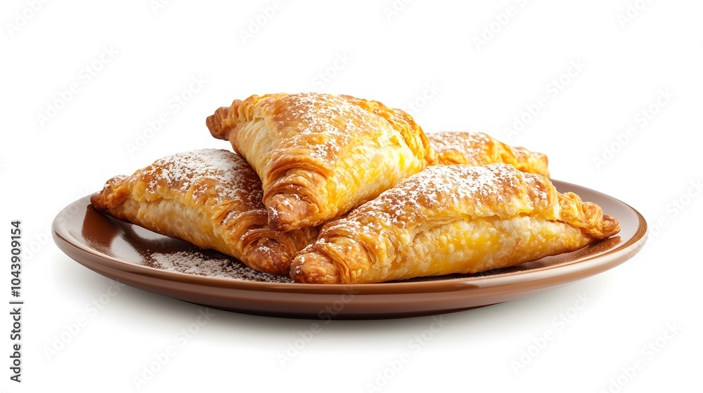 Delicious flaky apple turnovers on brown plate with powdered sugar Delicious flaky apple turnovers on brown plate with powdered sugar