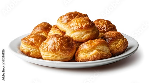 Golden flaky puff pastries on white plate displaying artisan baking perfection