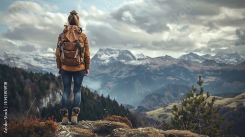 A lone hiker stands on a hilltop back to the camera taking in the breathtaking mountain range before them. backpack and hiking . . photo