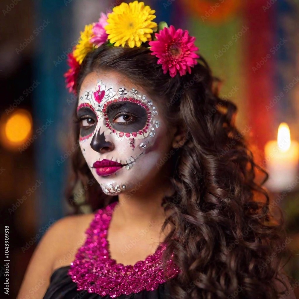 An eye-level shot of a young Latina woman with shimmering sugar skull face paint, her hair flowing, set against a backdrop of candles and papel picado, with shallow focus on her expressive eyes