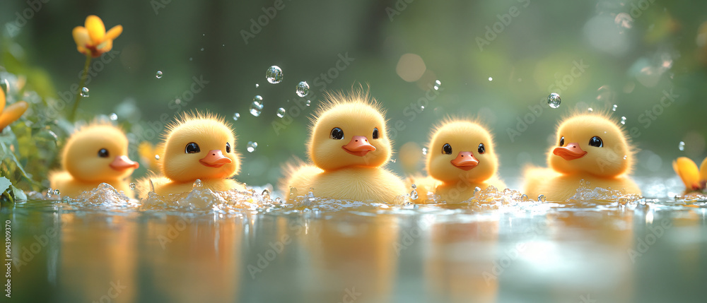Adorable Ducklings Swimming in a Pond on a Sunny Day