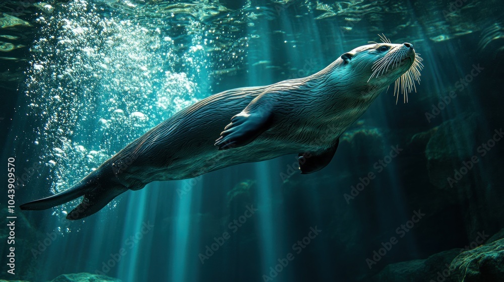Obraz premium An otter swimming gracefully underwater.
