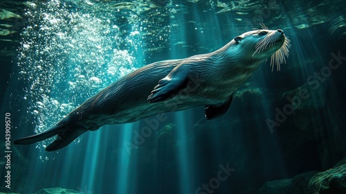 An otter swimming gracefully underwater. photo