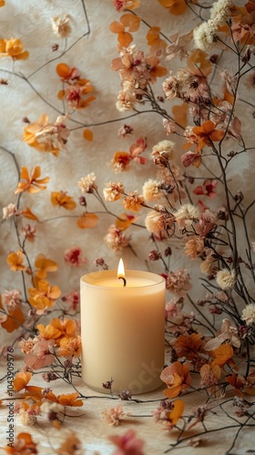 a cozy vanilla scented candle flickers softly on a beige backdrop surrounded by dried autumn leaves and flowers evoking warmth and tranquility in a homespa setting photo