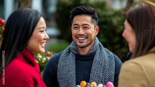 Group of friends at a backyard barbecue, exchanging Easter chocolates and laughing in the warm spring weather everyday Easter gathering 