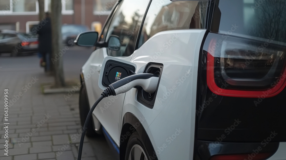 Fototapeta premium Electric car charging at station, showcasing modern technology of electric vehicles. sleek design and efficient energy use highlight shift towards sustainable transportation