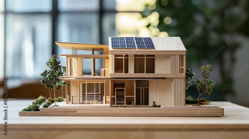 A vibrant, handcrafted wooden house model showcases energy efficiency principles, emphasizing creativity in sustainable design.