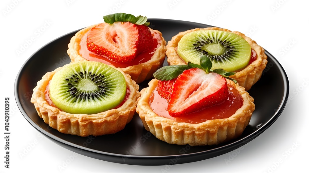 Delicious fruit tarts with strawberries and kiwi on a black plate Delicious fruit tarts with strawberries and kiwi on a black plate