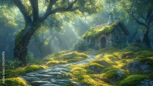 A cozy moss-covered cottage nestled in an enchanted forest