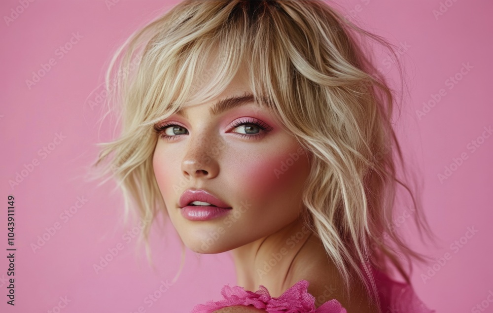 A model poses against a vibrant pink background showcasing bold makeup styling