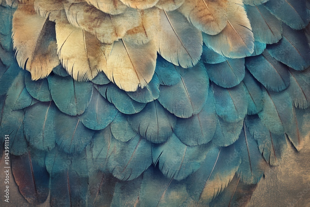 Fototapeta premium Close-up of layered feathers in shades of blue and beige, emphasizing texture, pattern, and natural beauty